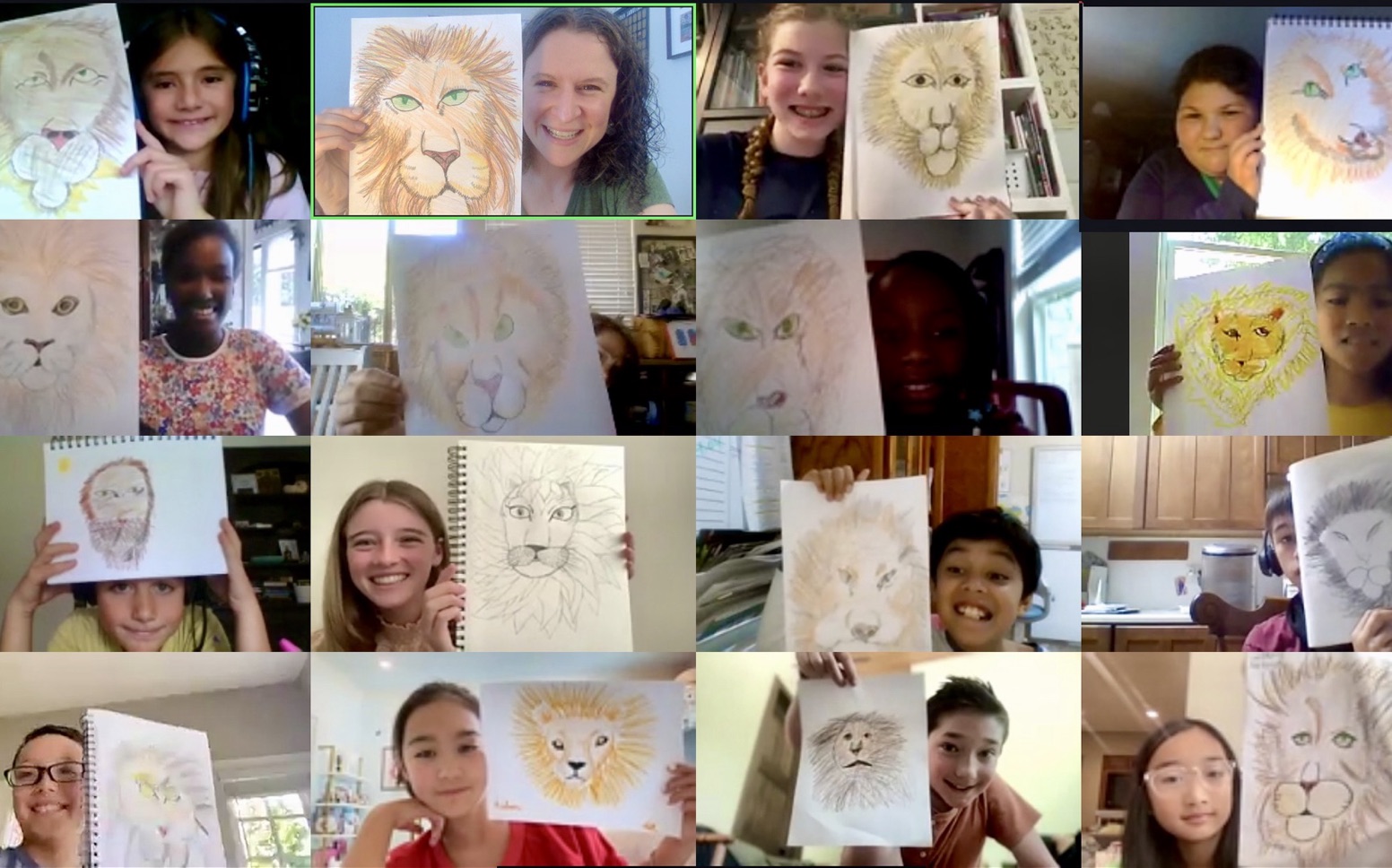 A live video class with students holding up their drawings