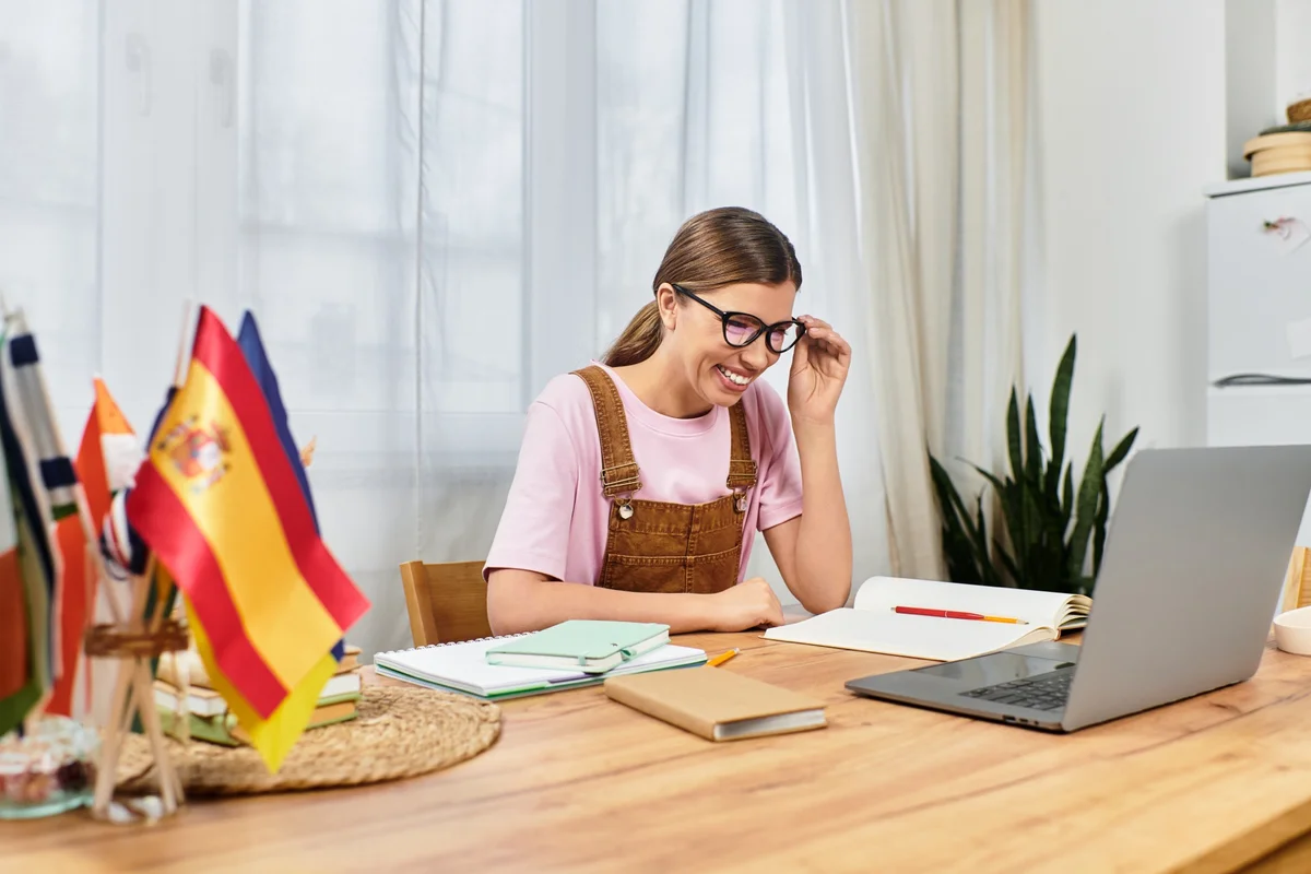 Young woman studying Spanish at a table beside a Spanish flag, practicing a classical Spanish homeschool curriculum