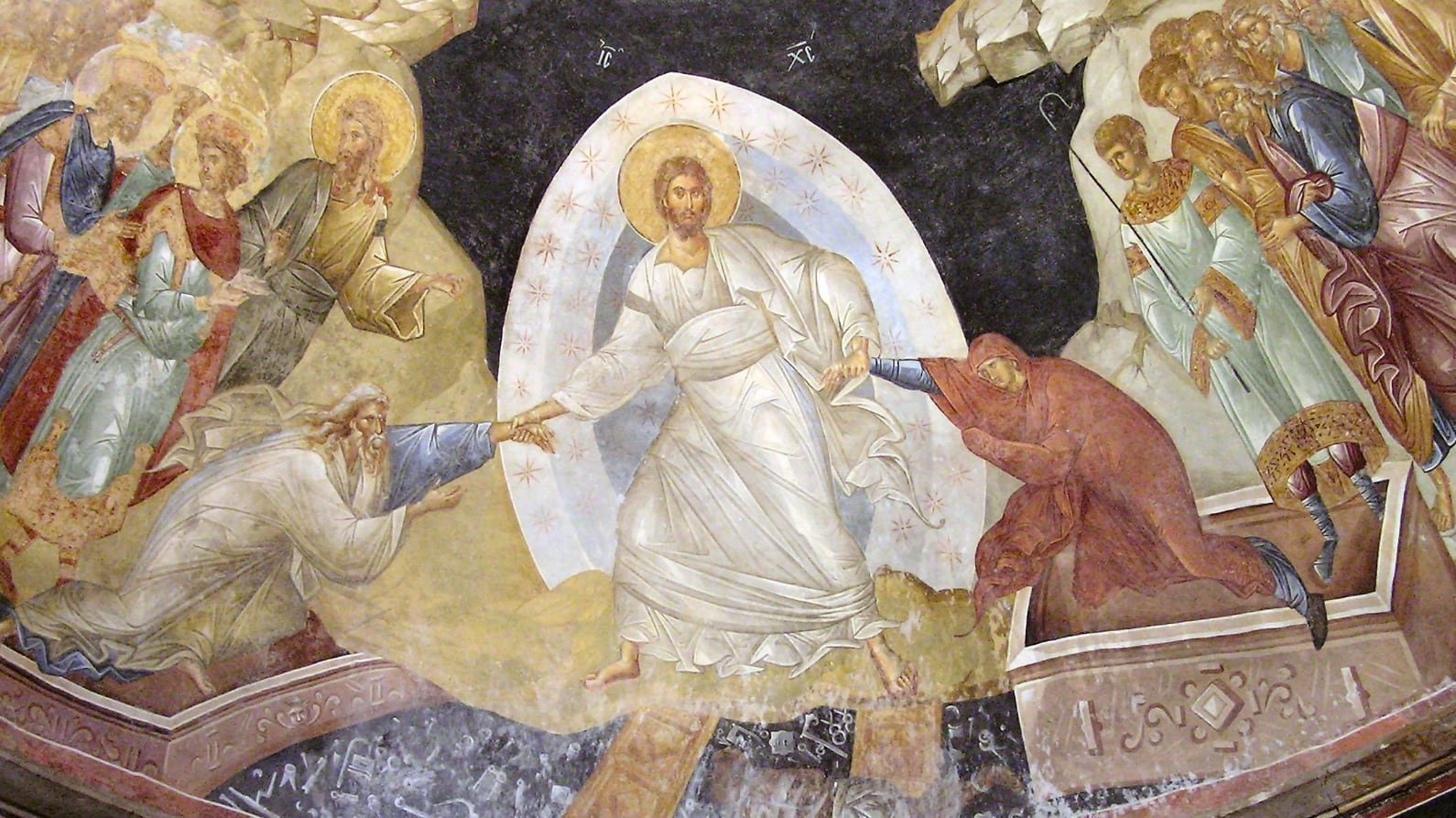Byzantine fresco of the Resurrection, Christ raising Adam and Eve from their tombs, the heart of Pascha