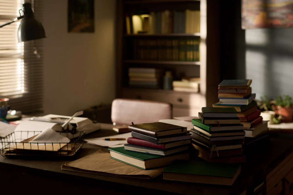 Desk crowded with stacks of books and an old typewriter, the overload Pieper answers in Leisure, the Basis of Culture