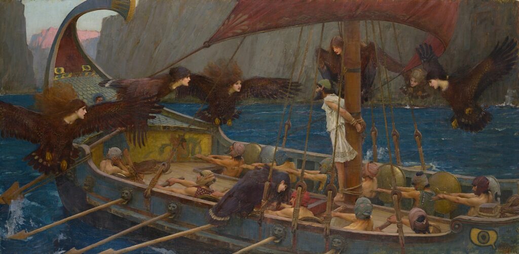 Waterhouse painting of Odysseus tied to the mast of his ship as winged sirens circle the crew