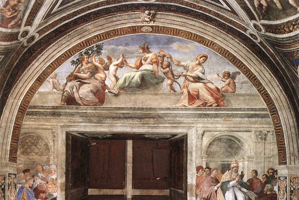 Raphael fresco of Fortitude with an oak branch, Prudence with a mirror, and Temperance holding a bridle, among cherubs