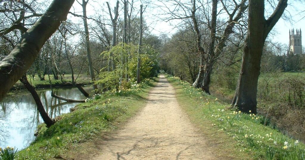 Dirt path beside the River Cherwell on Addison's Walk in spring, with Magdalen Tower beyond the trees