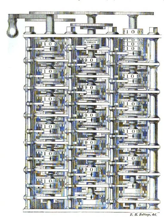Woodcut of Babbage's Difference Engine, columns of numbered wheels where logic and computer science first met