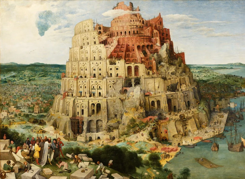 Bruegel's Tower of Babel, a vast spiral tower rising by a harbor, a warning for Christian computer science
