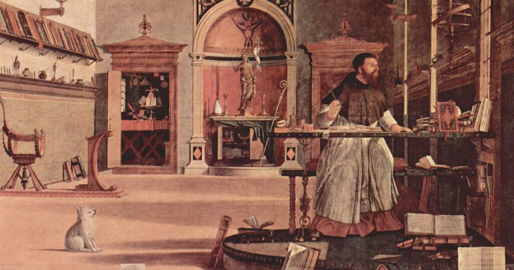 Saint Augustine at his desk in a wide Venetian study, pen raised, turning toward light from a window