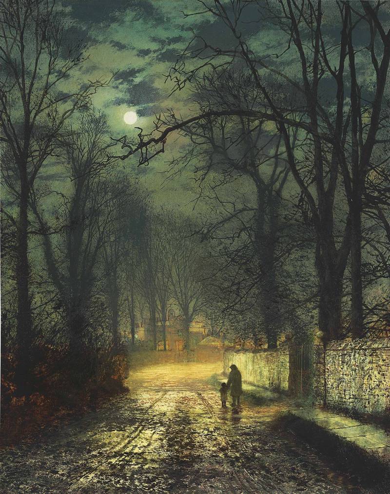 Moonlit lane under bare trees, warm lamplight on the wet road, and two figures walking beside a stone wall