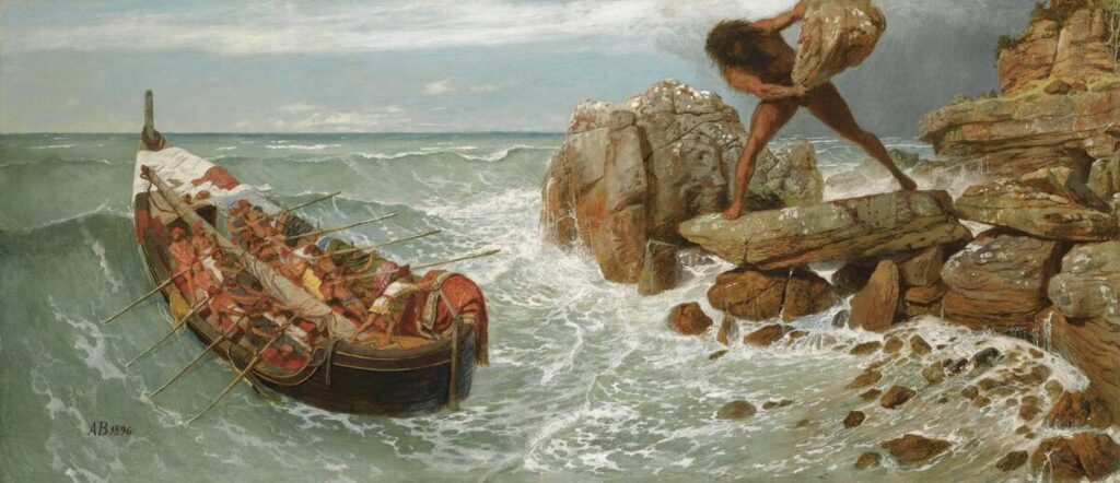 Böcklin's painting of Odysseus' ship escaping as the blinded Cyclops Polyphemus hurls rocks from the cliffs