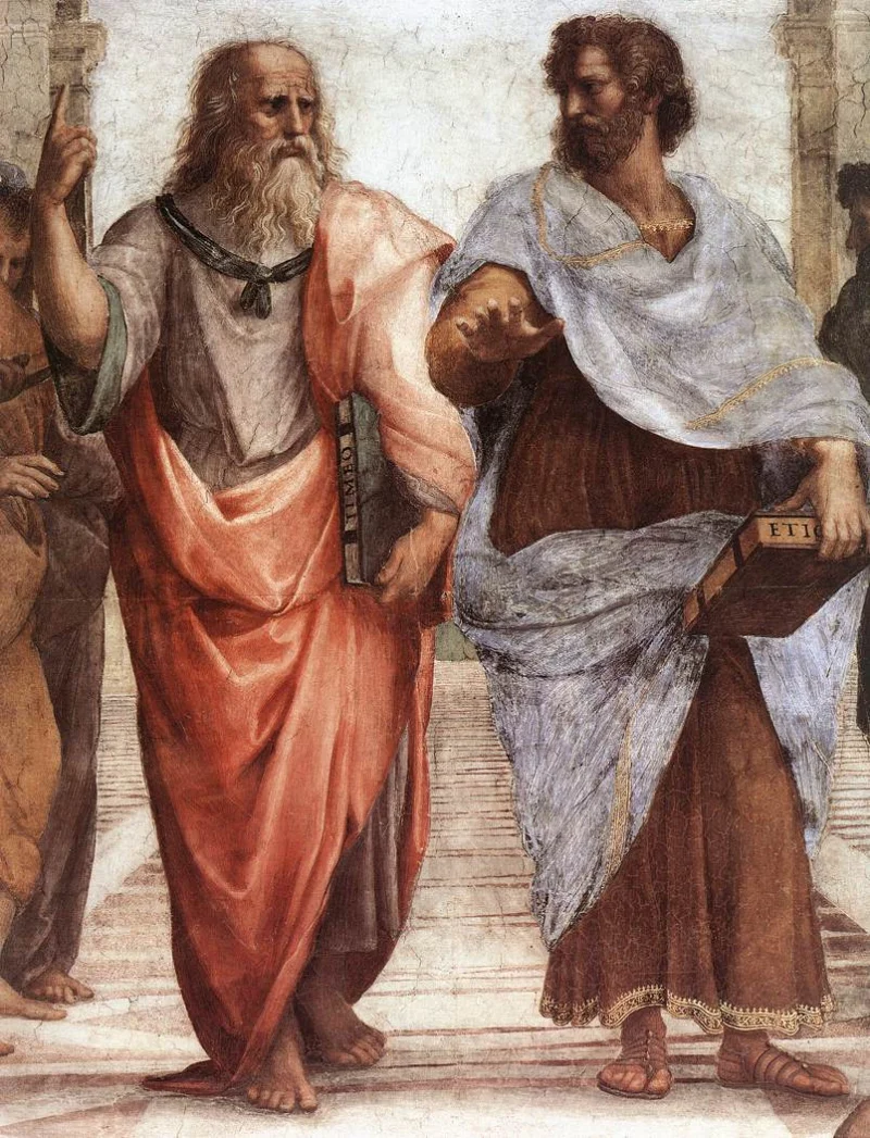 Plato pointing upward and Aristotle gesturing outward in Raphael's School of Athens, fathers of formal logic